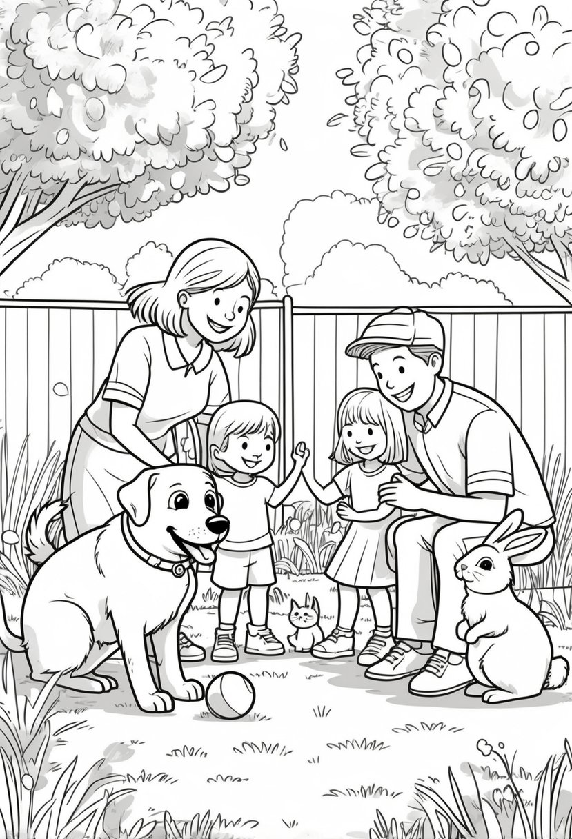 Family Coloring Pages 16 Fun and Creative Designs for All Ages 28 A family of four playing with their dog, cat, and rabbit in a backyard.